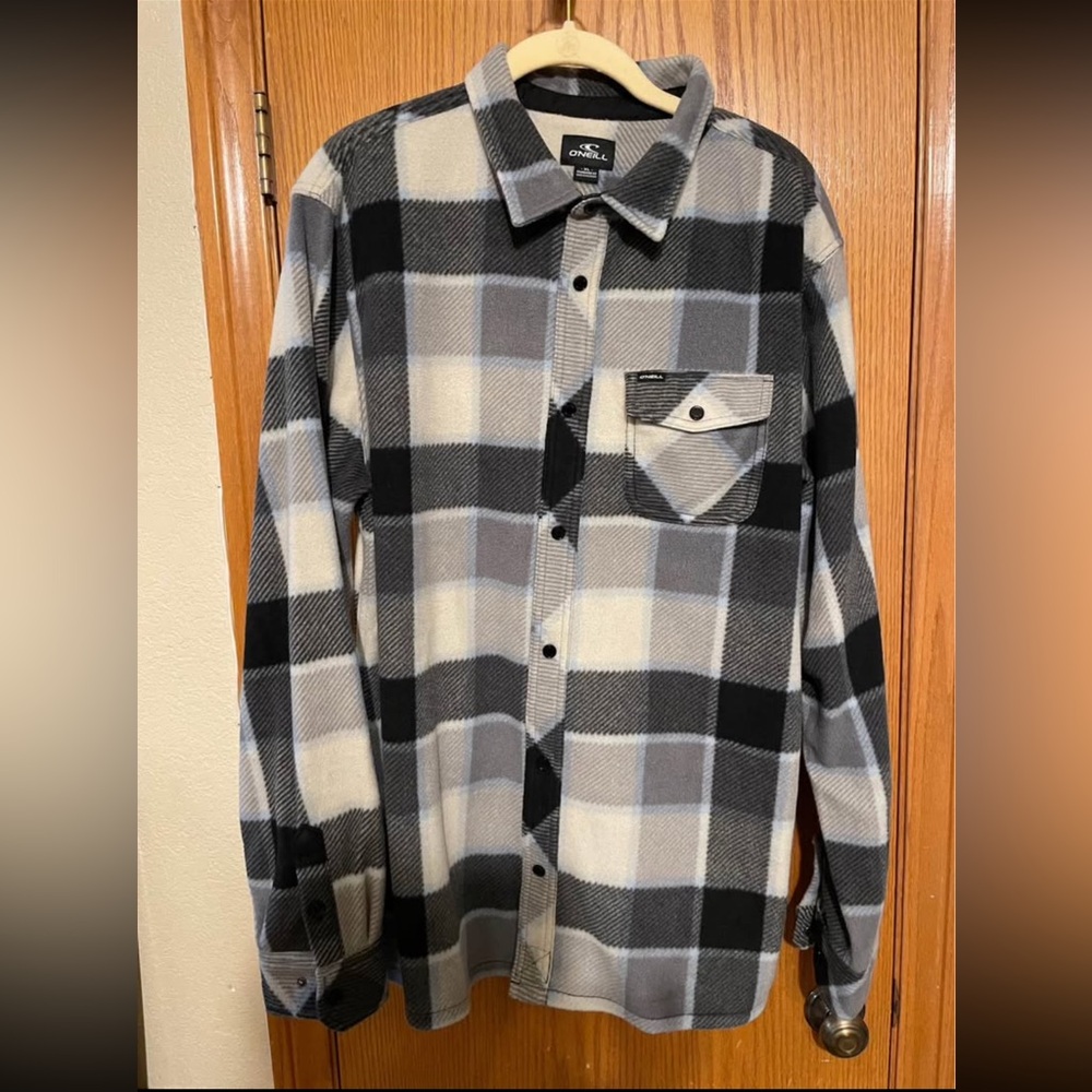 O'Neill Black and Gray, Blue Flannel Shirt.